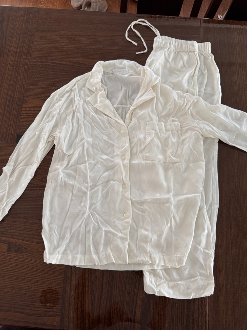 Mango Off-White Polka Dot Women's Silky Satin Pajama Top & Pants Set
